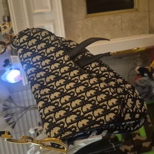 Vintage Dior Saddle Bag - Blk & Cream Jacquard Fabric
